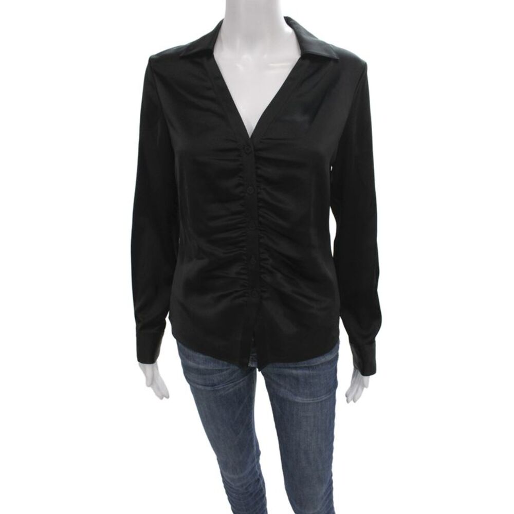 Theory Womens Basic Black Satin Collared Long Sleeve Blouse Size S